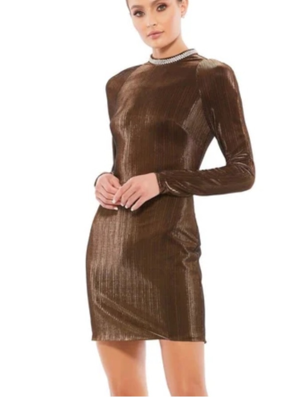 Mac Duggal Ribbed Embellished Neck Full Sleeve Mini Dress Size 2 57217